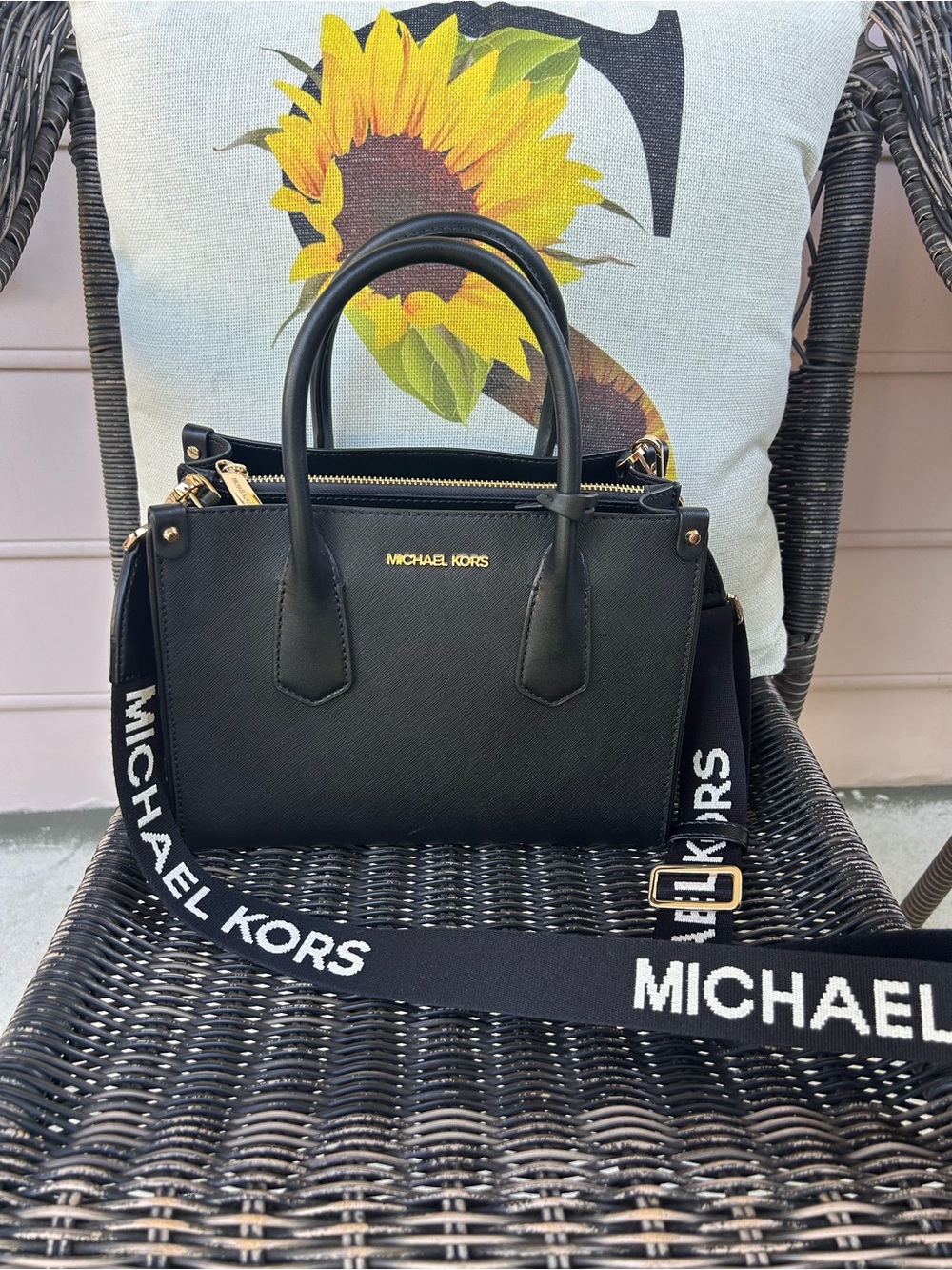 Michael Kors Black Saffiano Leather Satchel with Branded Strap